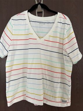 Duluth Trading Co White V-Neck Tee with Multicolor Stripes